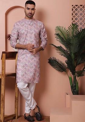 Purple Printed Poly Blend Kurta Set For Men