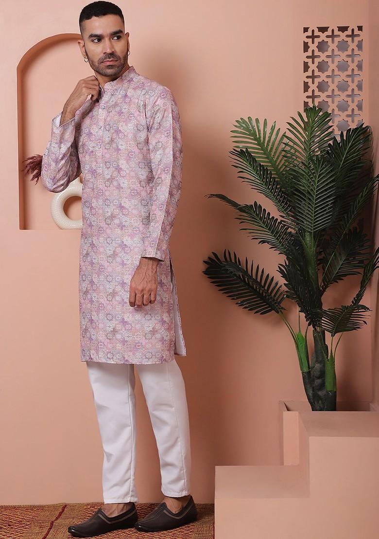 Purple Printed Poly Blend Kurta Set For Men