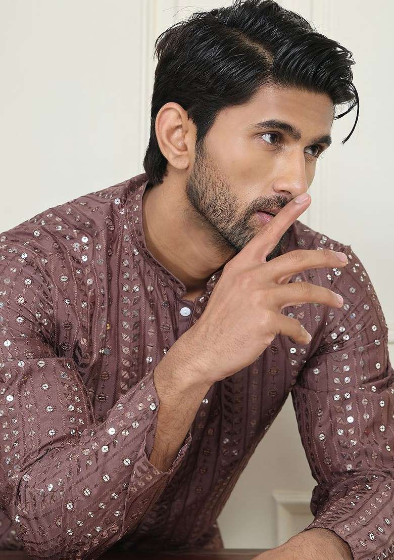 Coffee Brown Embroidered Poly Blend Kurta Set For Men - Indya