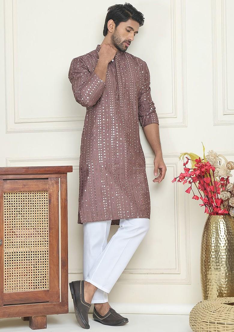 Coffee Brown Embroidered Poly Blend Kurta Set For Men