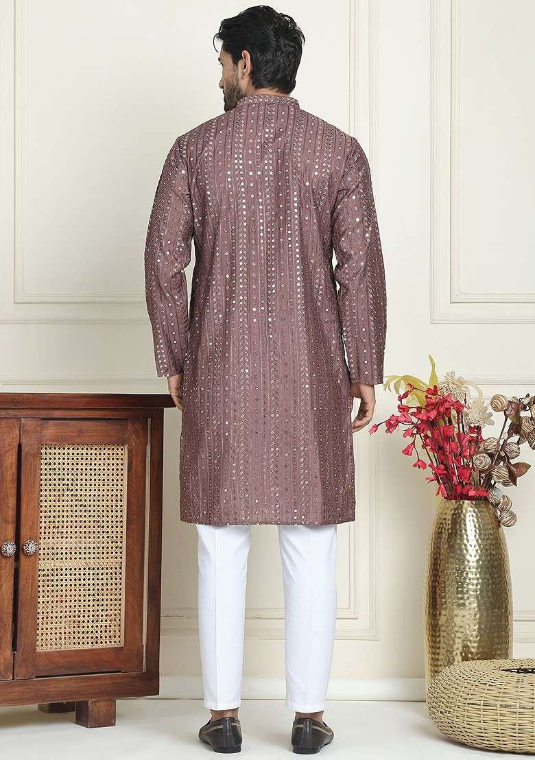Coffee Brown Embroidered Poly Blend Kurta Set For Men - Indya