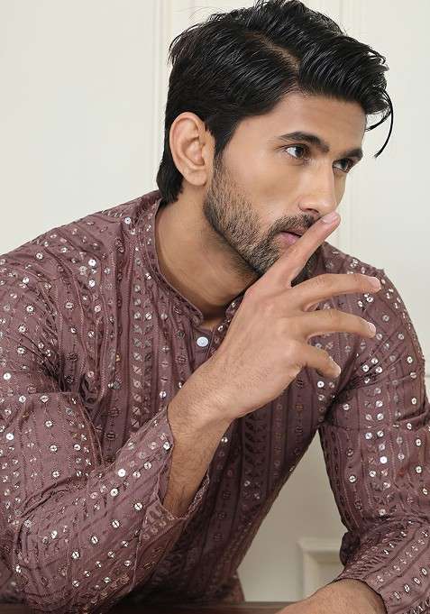 Coffee Brown Embroidered Poly Blend Kurta Set For Men