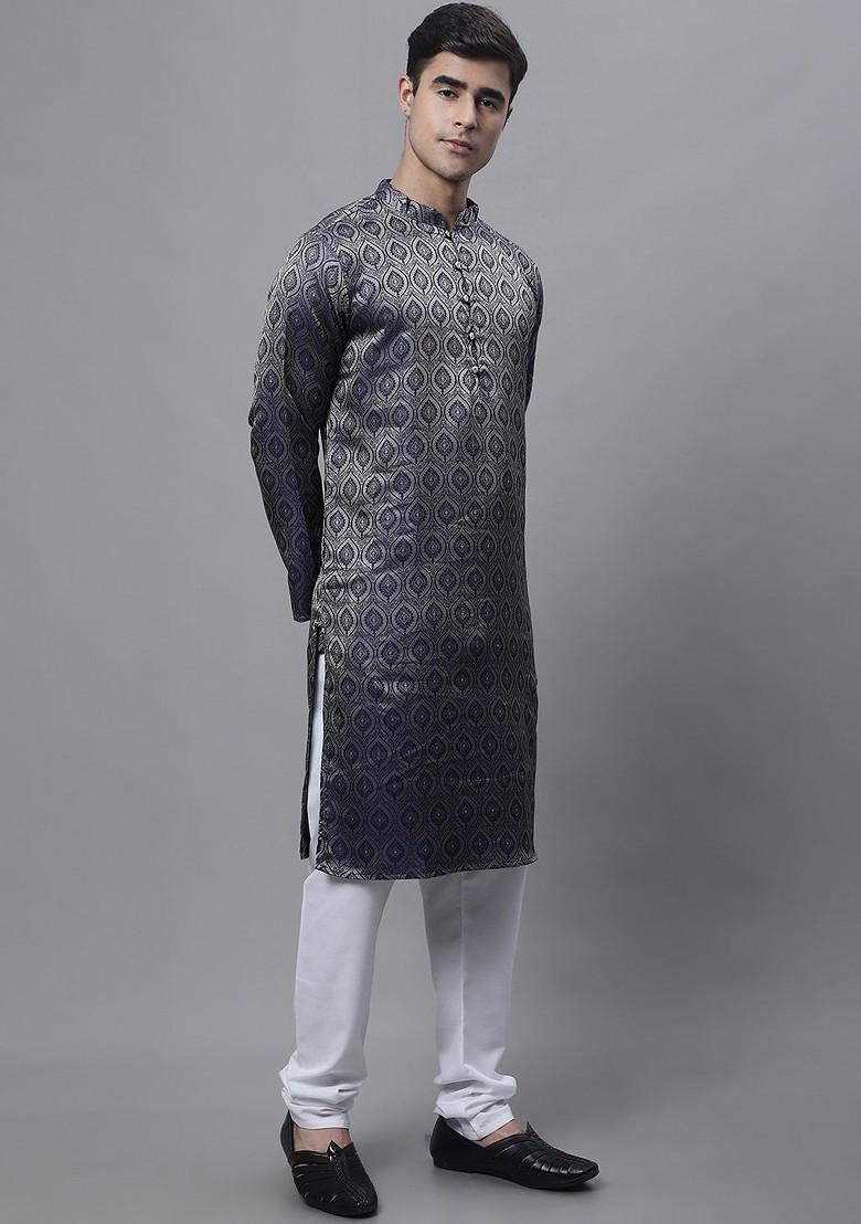 Navy Blue Woven Design Poly Blend Kurta Set For Men