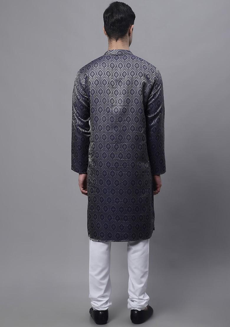 Navy Blue Woven Design Poly Blend Kurta Set For Men