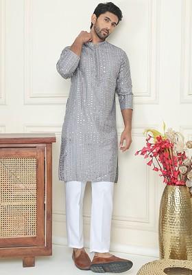 Grey Embroidered Poly Blend Kurta Set For Men
