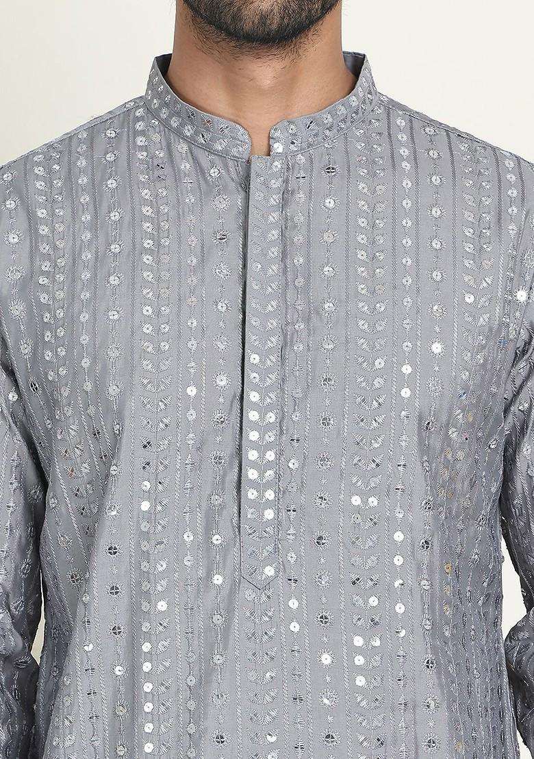 Grey Embroidered Poly Blend Kurta Set For Men