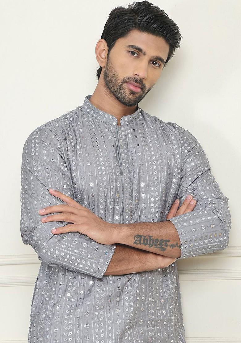 Grey Embroidered Poly Blend Kurta Set For Men