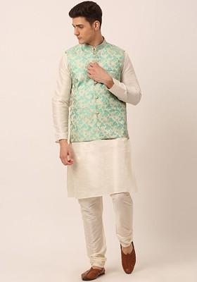 Turquoise Blue Embroidered Poly Blend Kurta Set For Men