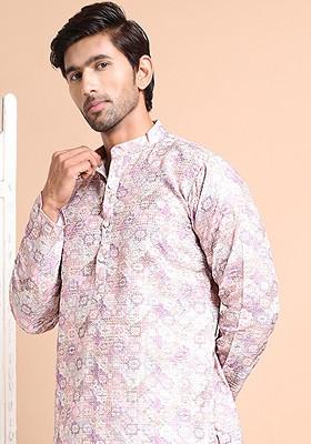 Purple Embroidered Poly Blend Kurta Set For Men
