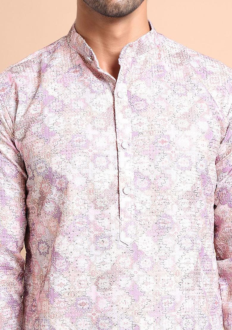 Purple Embroidered Poly Blend Kurta Set For Men