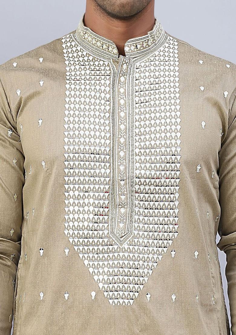 Beige Embroidered Poly Blend Kurta Set For Men