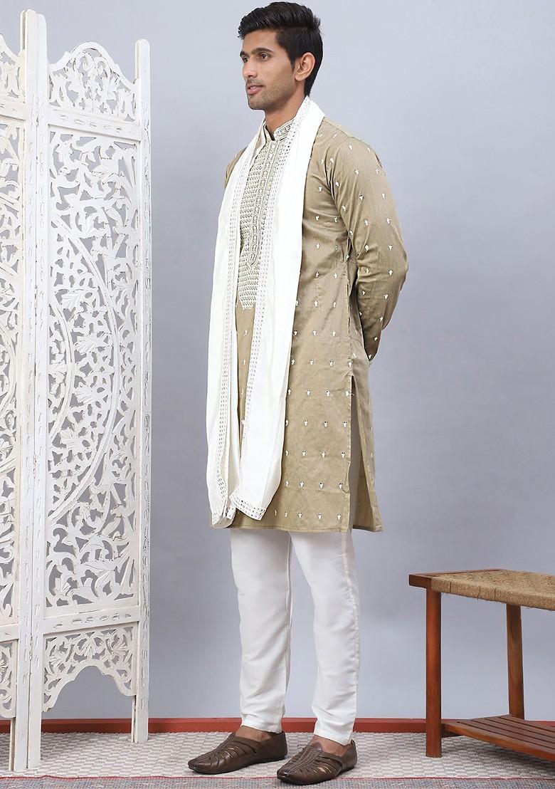 Beige Embroidered Poly Blend Kurta Set For Men