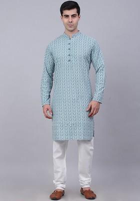 Teal Blue Embroidered Poly Blend Kurta Set For Men