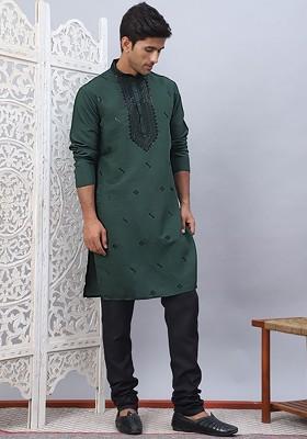 Olive Embroidered Poly Blend Kurta Set For Men