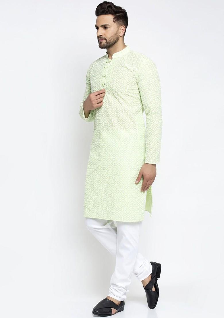 Green Embroidered Poly Blend Kurta Set For Men