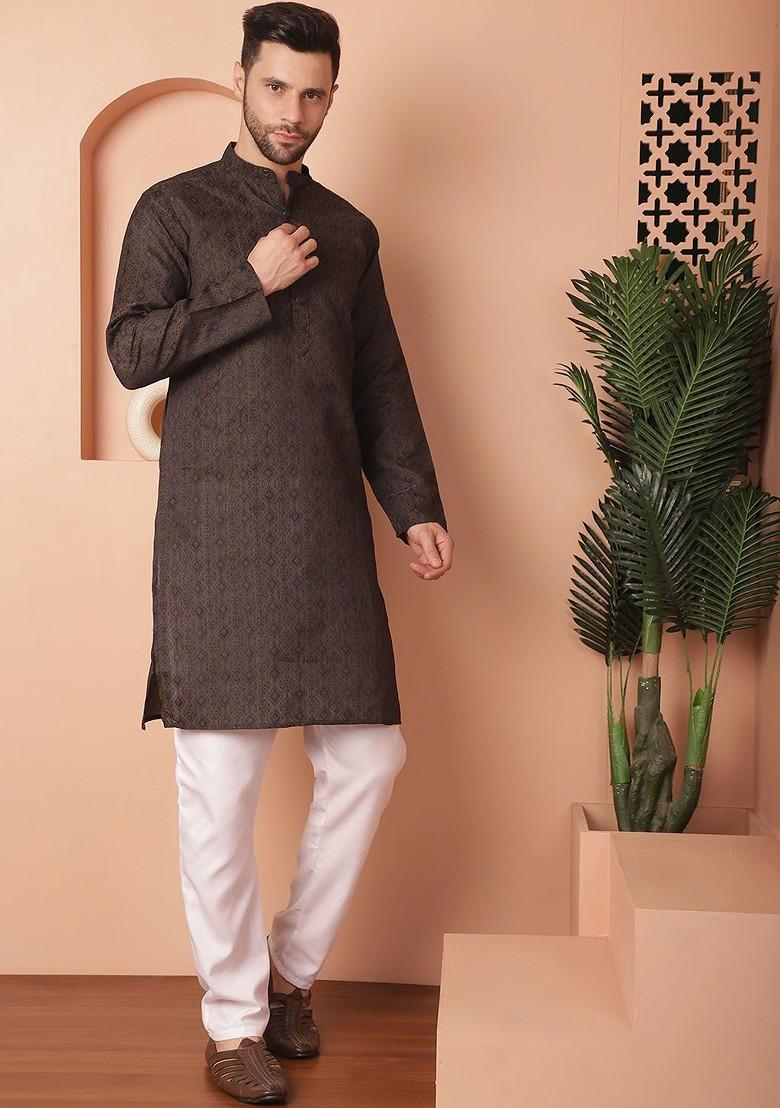 Navy Blue Printed Poly Blend Kurta Set For Men