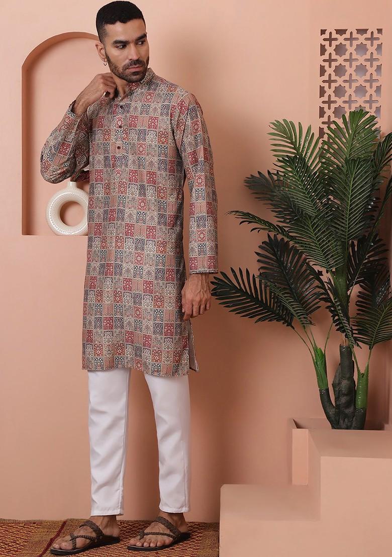 Red Printed Poly Blend Kurta Set For Men