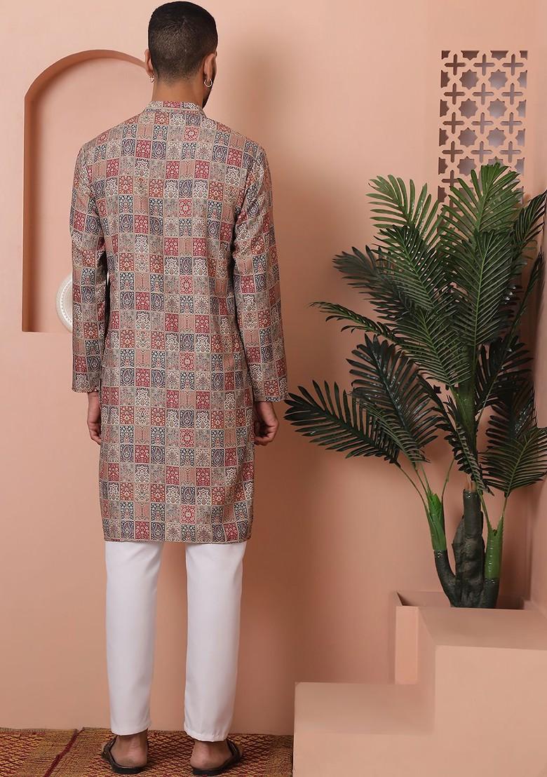 Red Printed Poly Blend Kurta Set For Men