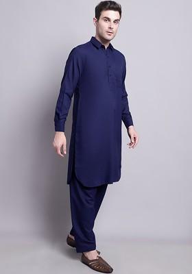 Navy Blue Embroidered Poly Blend Kurta Set For Men