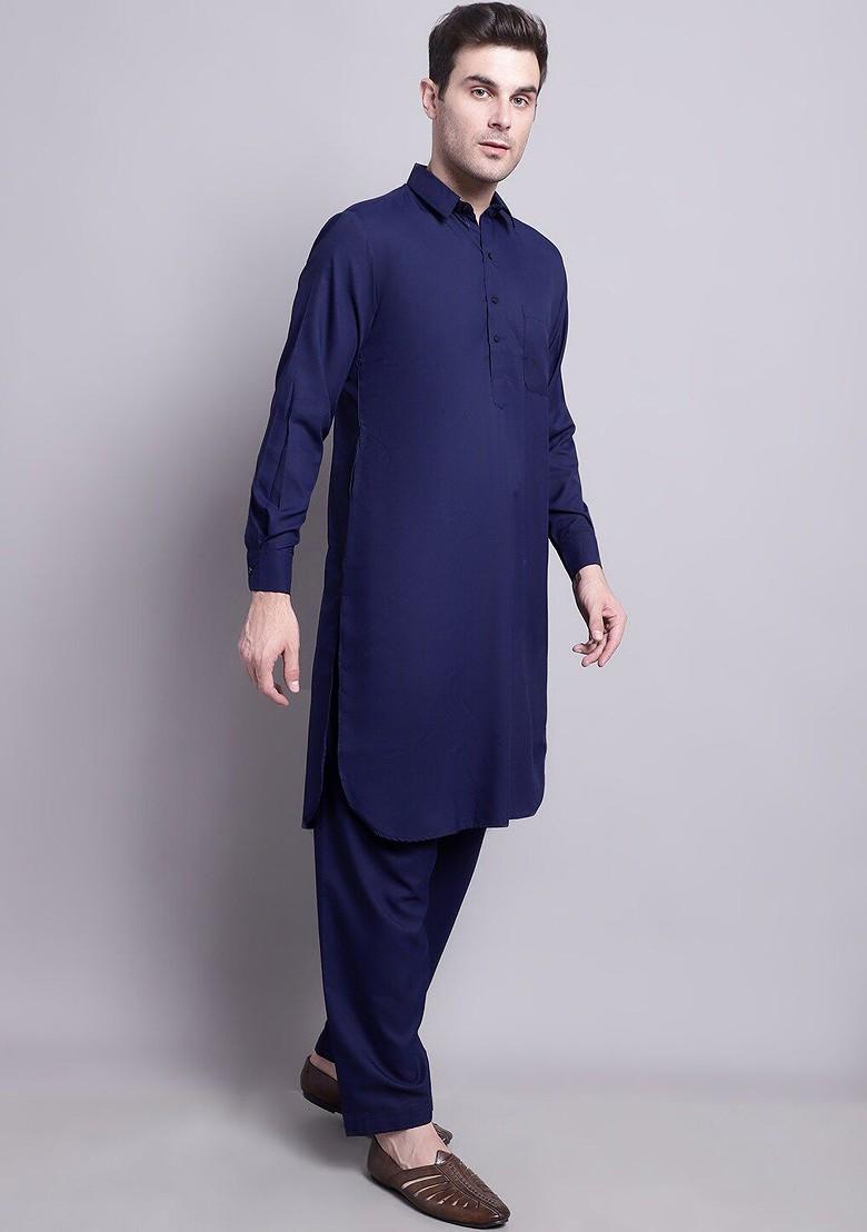 Navy Blue Embroidered Poly Blend Kurta Set For Men