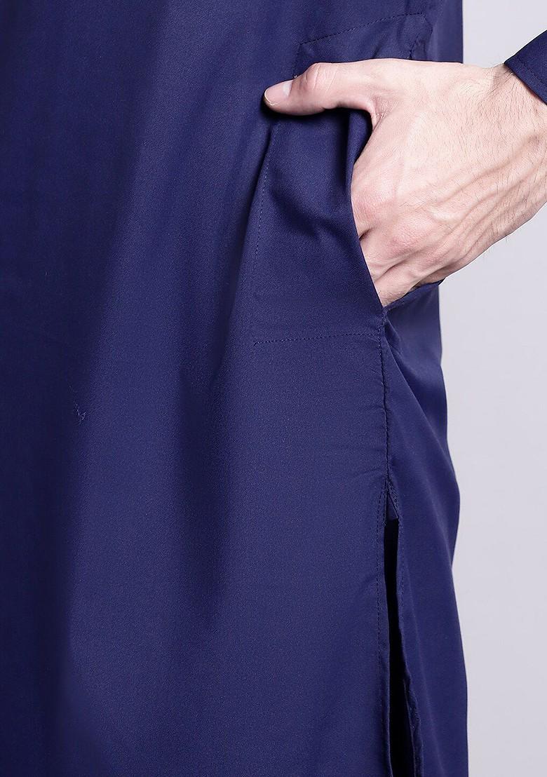 Navy Blue Embroidered Poly Blend Kurta Set For Men