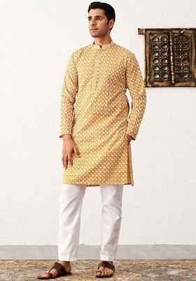 Mustard Yellow Embroidered Poly Blend Kurta Set For Men