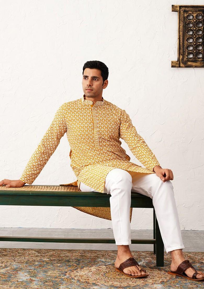 Mustard Yellow Embroidered Poly Blend Kurta Set For Men