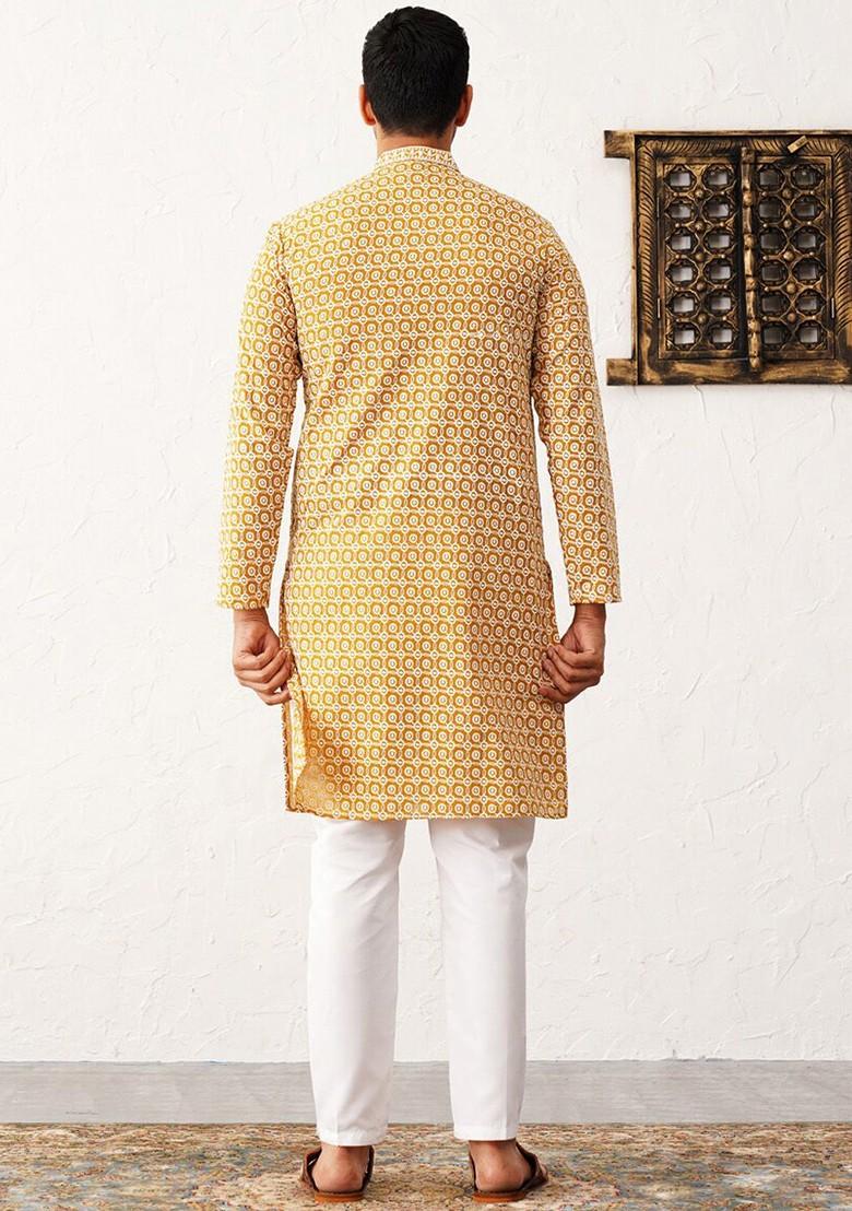 Mustard Yellow Embroidered Poly Blend Kurta Set For Men