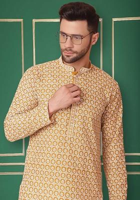 Mustard Yellow Embroidered Poly Blend Kurta Set For Men