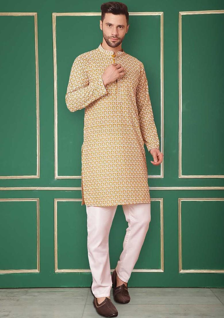 Mustard Yellow Embroidered Poly Blend Kurta Set For Men
