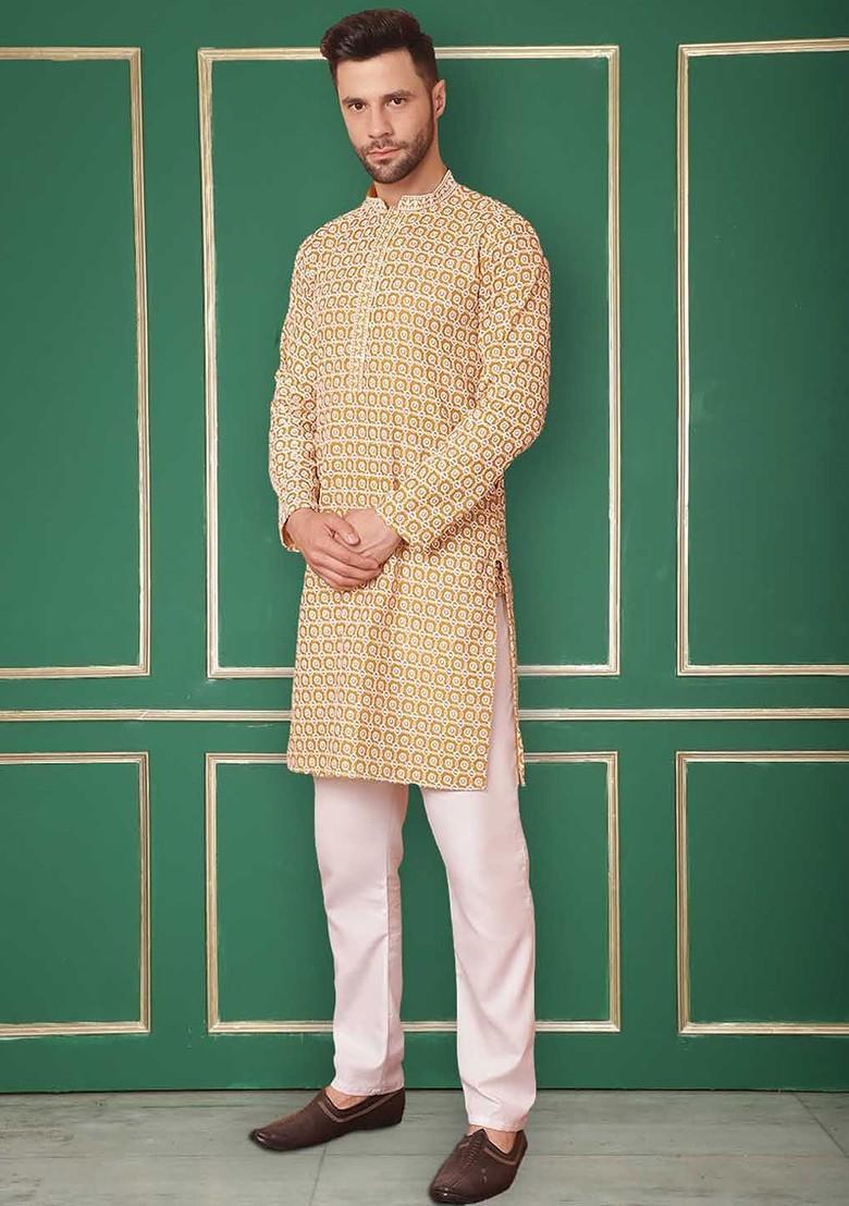 Mustard Yellow Embroidered Poly Blend Kurta Set For Men