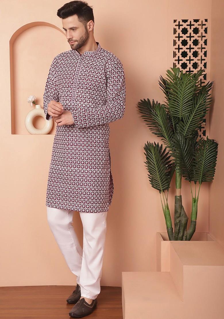 Purple Embroidered Poly Blend Kurta Set For Men