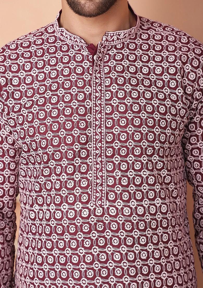 Purple Embroidered Poly Blend Kurta Set For Men
