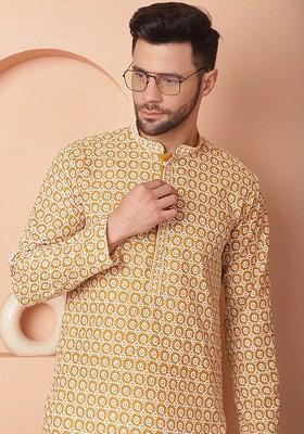Mustard Yellow Embroidered Poly Blend Kurta Set For Men