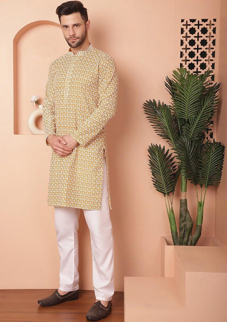 Mustard Yellow Embroidered Poly Blend Kurta Set For Men