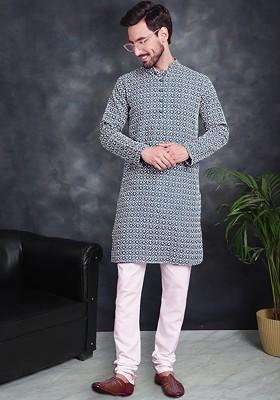 Teal Blue Embroidered Poly Blend Kurta Set For Men