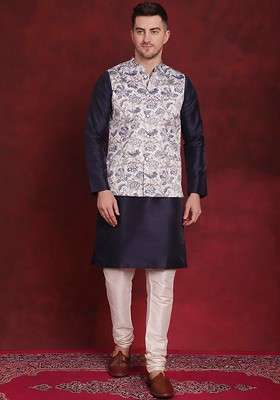 White Woven Design Poly Blend Kurta Set For Men