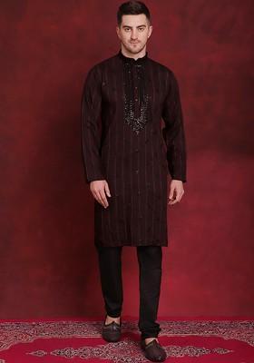 Maroon Embroidered Poly Blend Kurta Set For Men