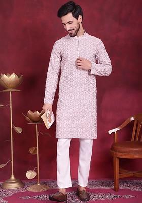 Purple Embroidered Poly Blend Kurta Set For Men