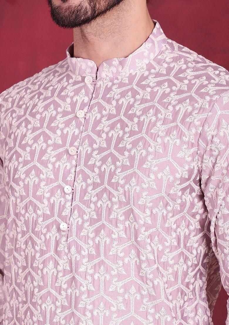 Purple Embroidered Poly Blend Kurta Set For Men