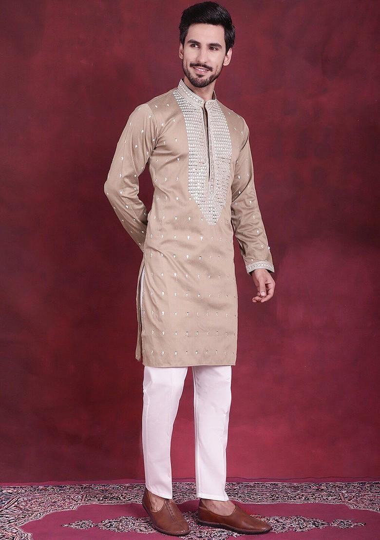 Beige Embroidered Poly Blend Kurta Set For Men