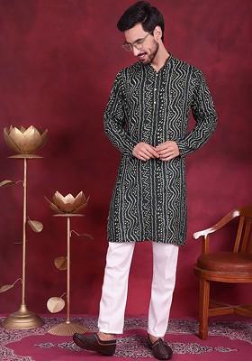 Green Printed Poly Blend Kurta Set For Men