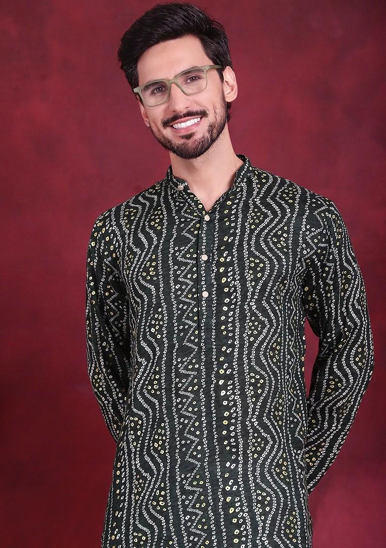 Green Printed Poly Blend Kurta Set For Men