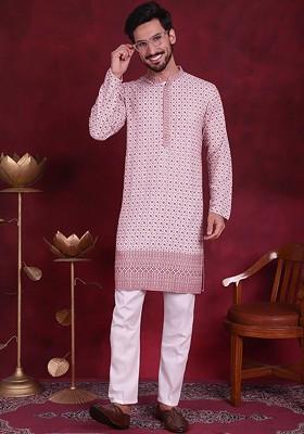 White Embroidered Poly Blend Kurta Set For Men