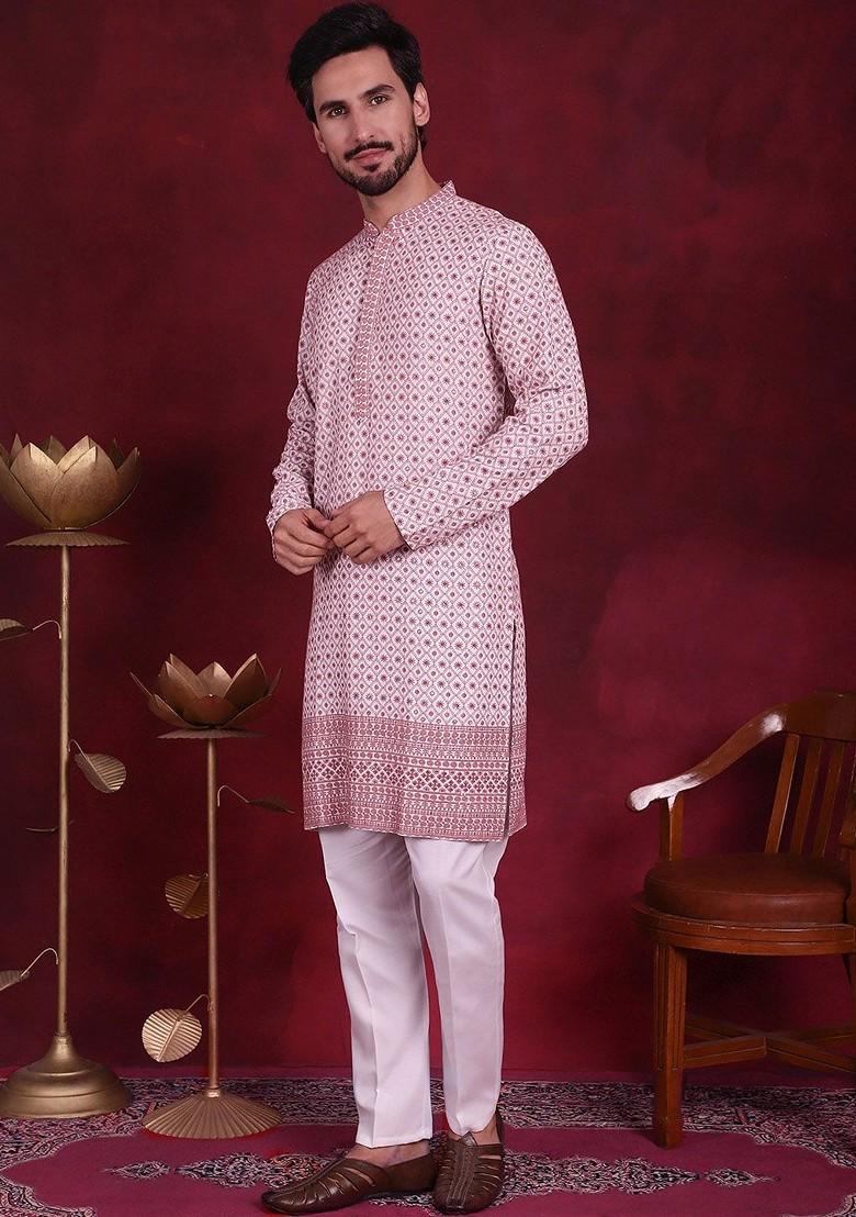 White Embroidered Poly Blend Kurta Set For Men