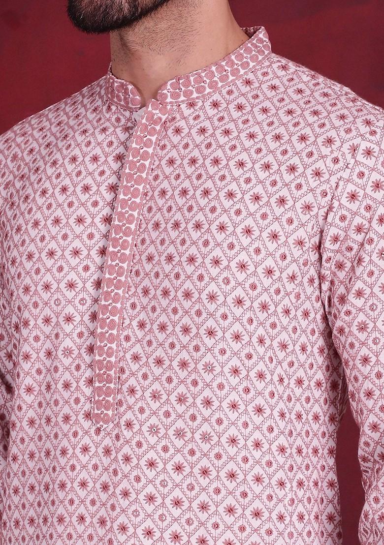 White Embroidered Poly Blend Kurta Set For Men