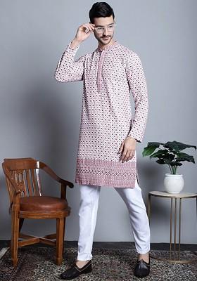 White Embroidered Poly Blend Kurta Set For Men