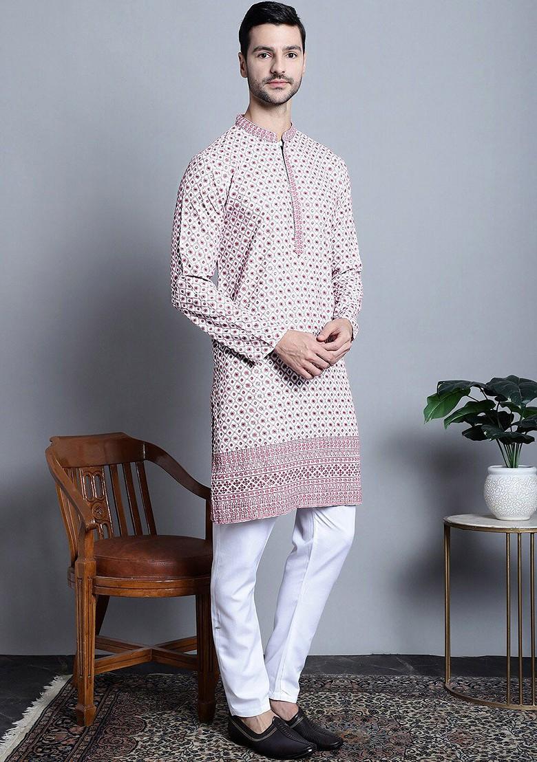 White Embroidered Poly Blend Kurta Set For Men