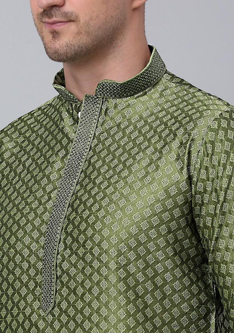 Olive Woven Design Poly Blend Kurta Set For Men