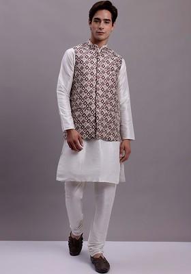 Purple Woven Design Poly Blend Kurta Set For Men
